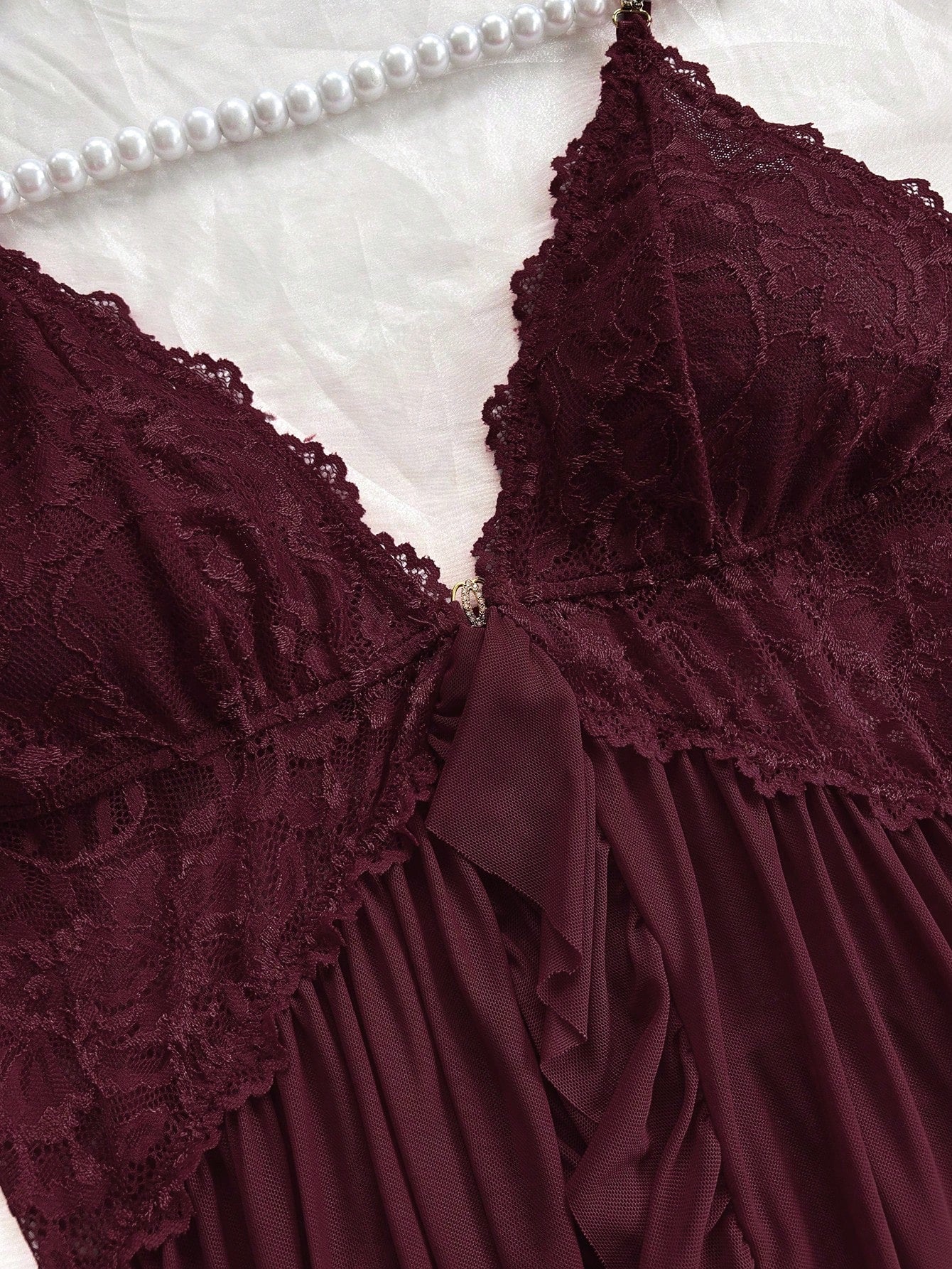 Sexy Solid Color Lace Camisole Nightgown With Matching Lace Panties