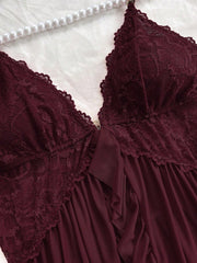 Sexy Solid Color Lace Camisole Nightgown With Matching Lace Panties