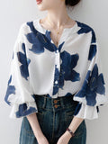 Shein Flower-Printed Button Ruffled Front-Buttoned Women's Shirt