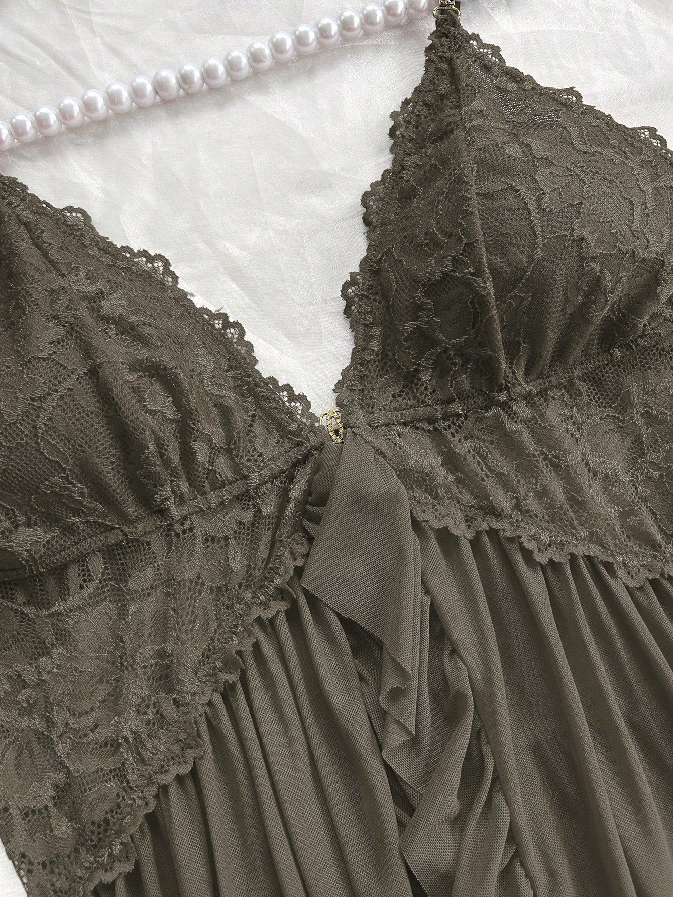Sexy Solid Color Lace Camisole Nightgown With Matching Lace Panties