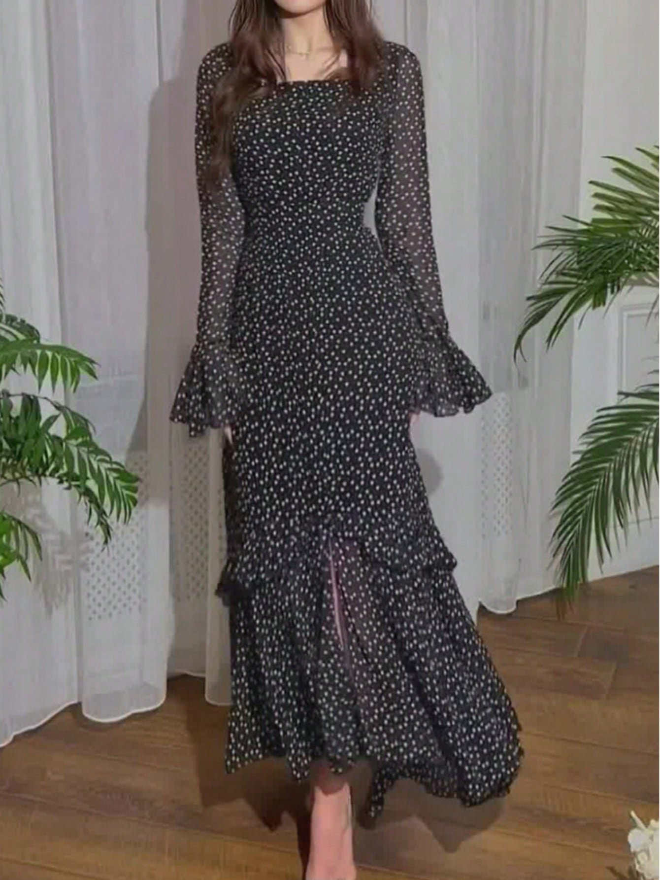 Shein Women Chiffon Polka Dot Flounce Sleeve Irregularly Patchwork Dress