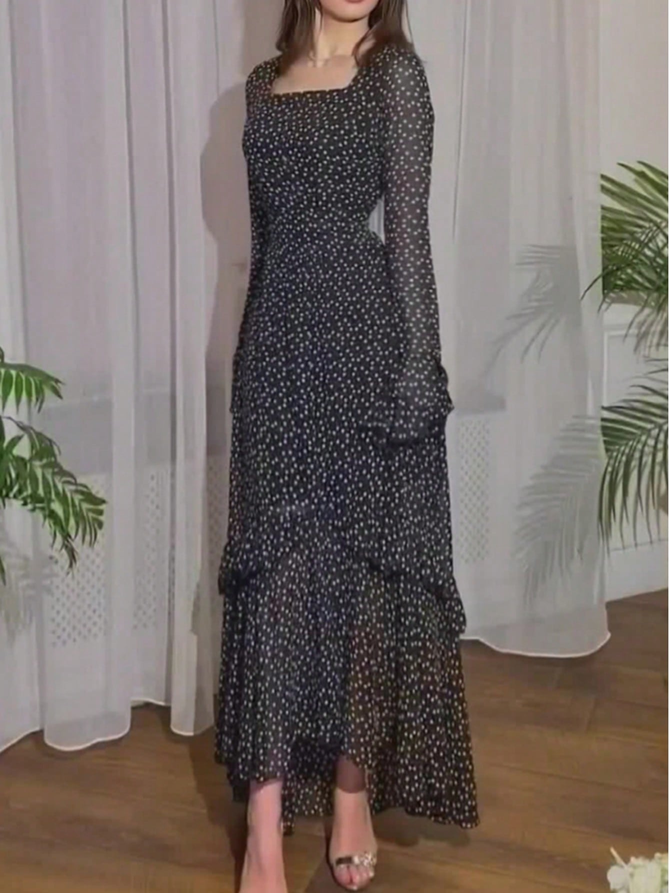 Shein Women Chiffon Polka Dot Flounce Sleeve Irregularly Patchwork Dress