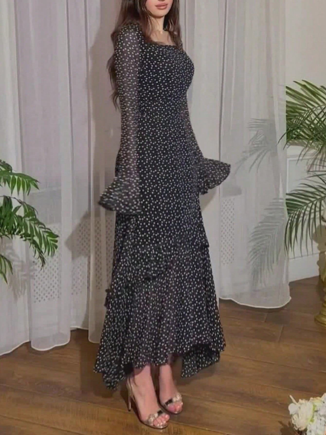 Shein Women Chiffon Polka Dot Flounce Sleeve Irregularly Patchwork Dress