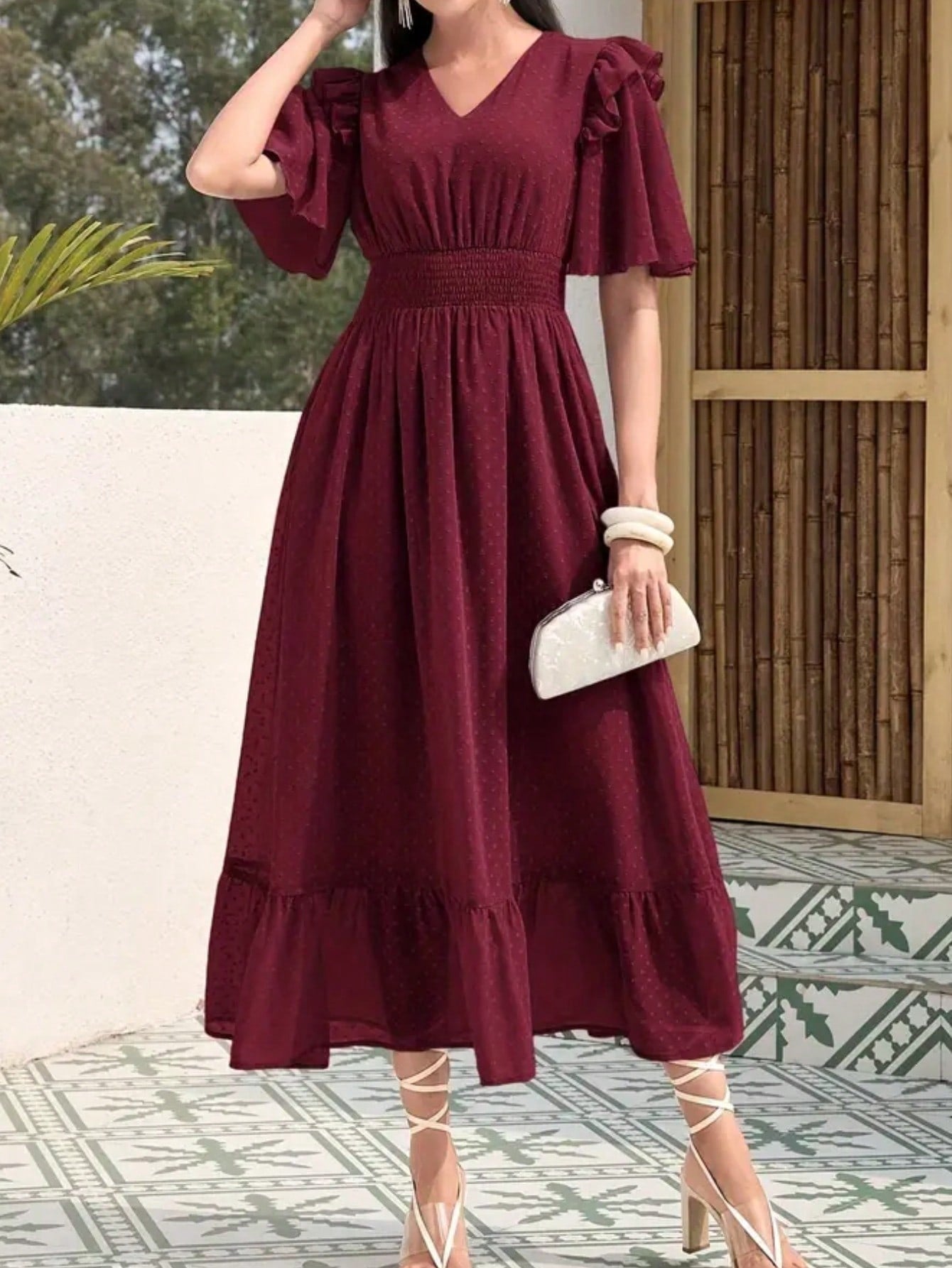 chinese dress ladies Women Solid Color Ruffle Trim V-Neck Short Sleeve Red Dress WearWest chinese dress ladies Women Solid Color Ruffle Trim V-Neck Short Sleeve Red Dress WearWest