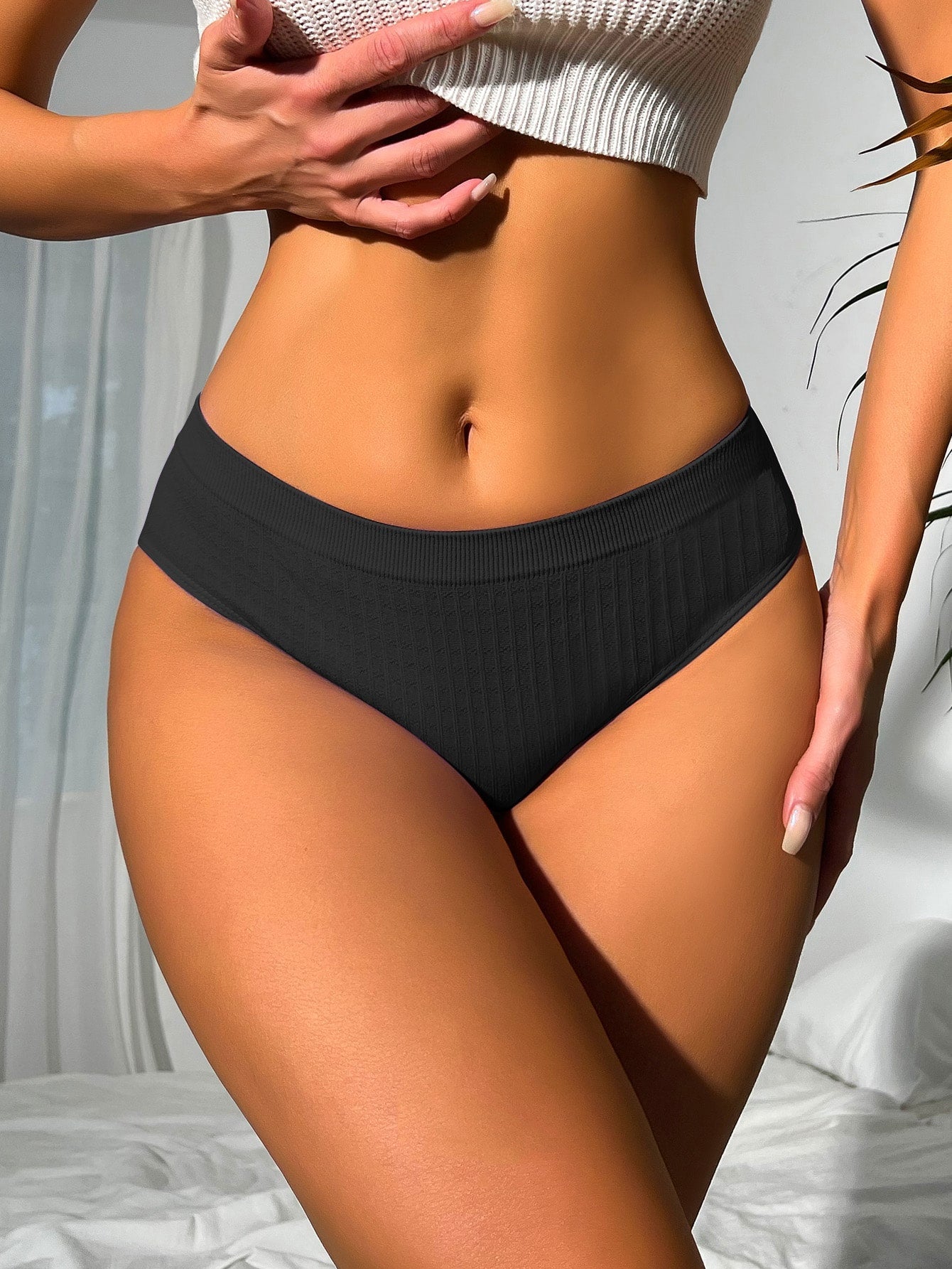 Women's Casual Black High Stretch Fabric Bikini Briefs Panties