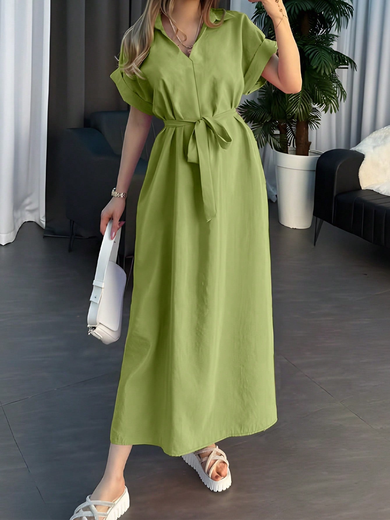 Shein Women's Elegant Casual Solid Color Button Waistband Minimalist Daily Dress, Summer