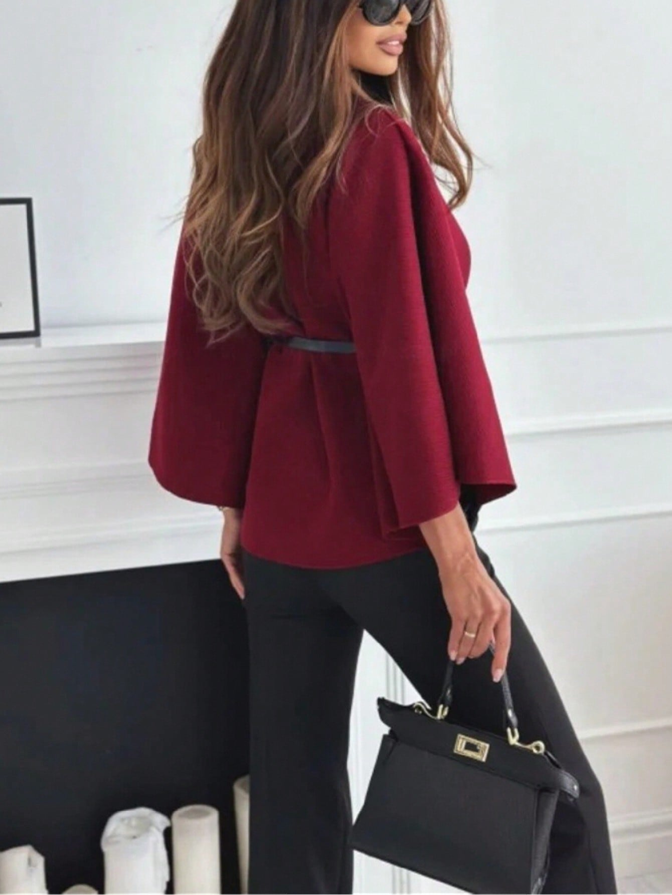 Shein Women's Fashion Elegant Wool Blend Short Sleeve Stand Collar Loose Poncho Coat With Belt