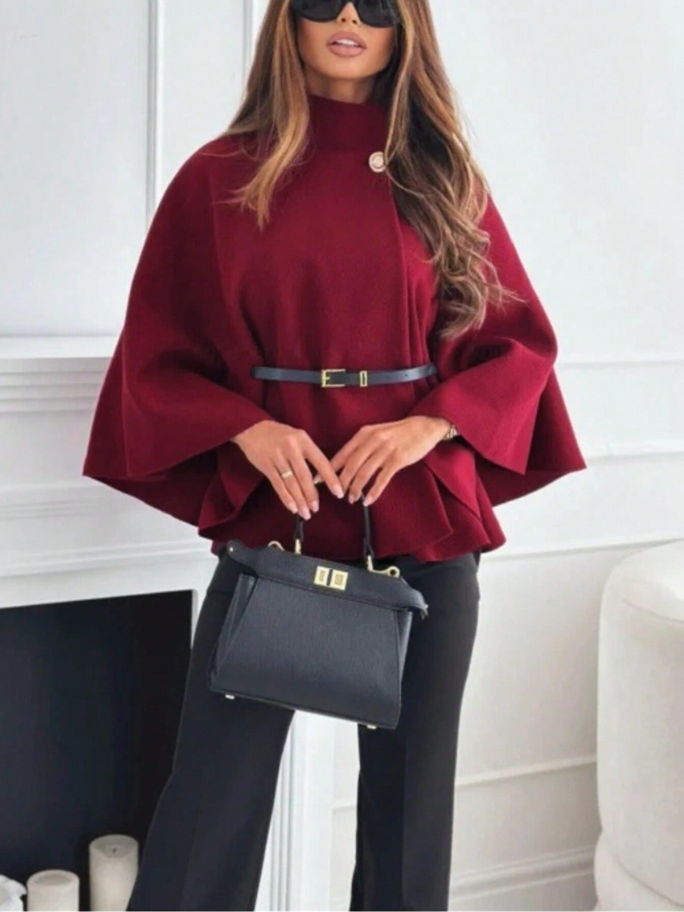 Shein Women's Fashion Elegant Wool Blend Short Sleeve Stand Collar Loose Poncho Coat With Belt
