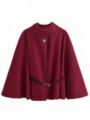 Shein Women's Fashion Elegant Wool Blend Short Sleeve Stand Collar Loose Poncho Coat With Belt