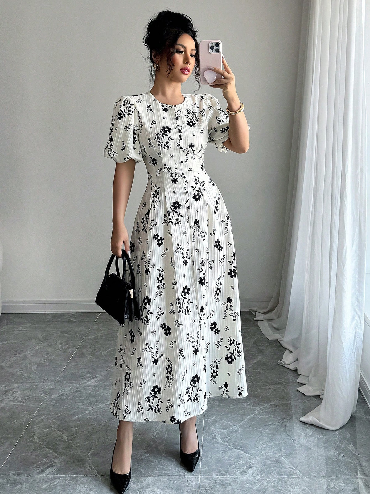 Shein Women's Round Neck Lantern Sleeve Floral Print Dress