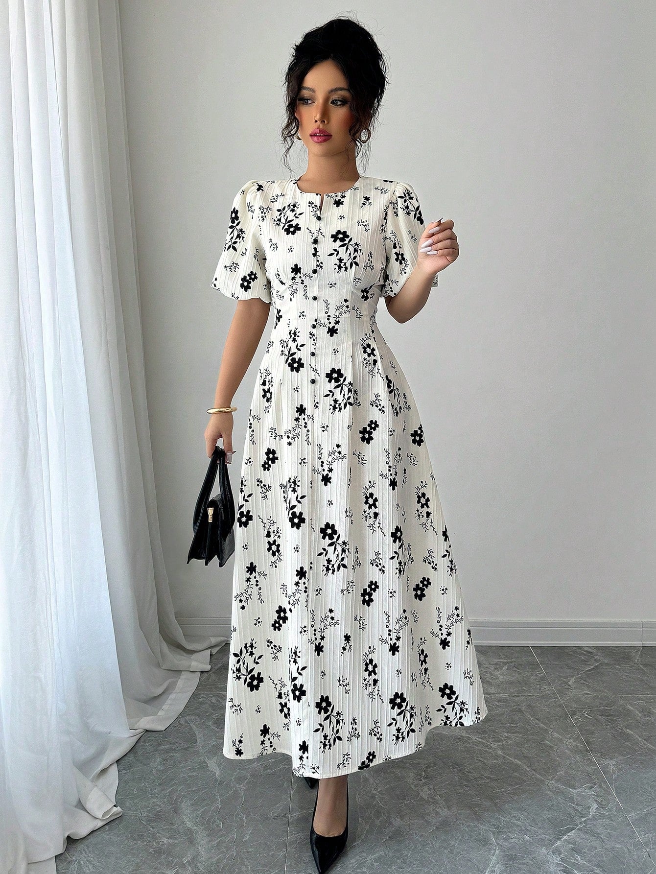 Shein Women's Round Neck Lantern Sleeve Floral Print Dress