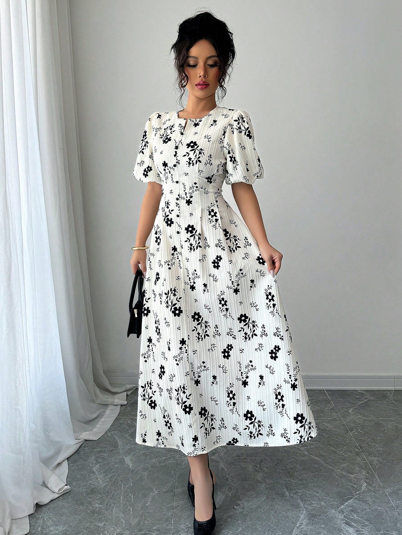 Shein Women's Round Neck Lantern Sleeve Floral Print Dress