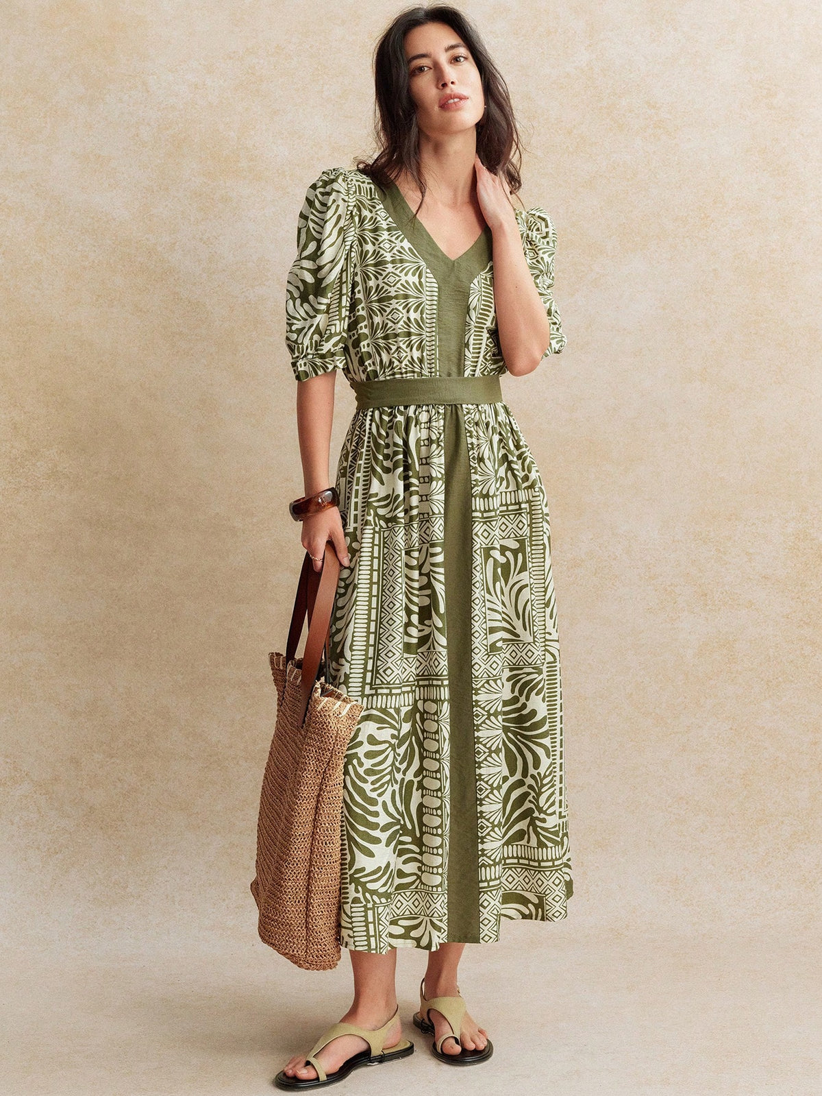 Shein Écloséra V-Neck Print Color Block Bubble Short Sleeve Empire Waist Green Midi Dress