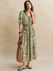 Shein Écloséra V-Neck Print Color Block Bubble Short Sleeve Empire Waist Green Midi Dress