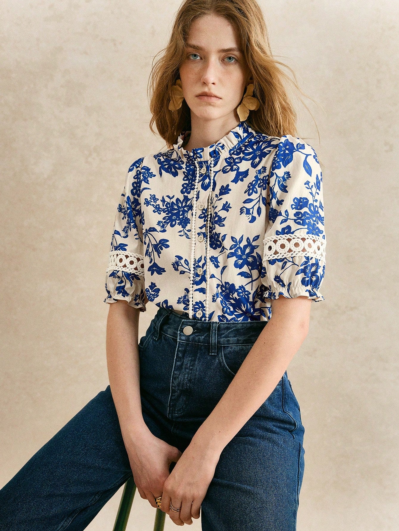 Shein Écloséra Women Hollow Floral Print Short Sleeve Blouse