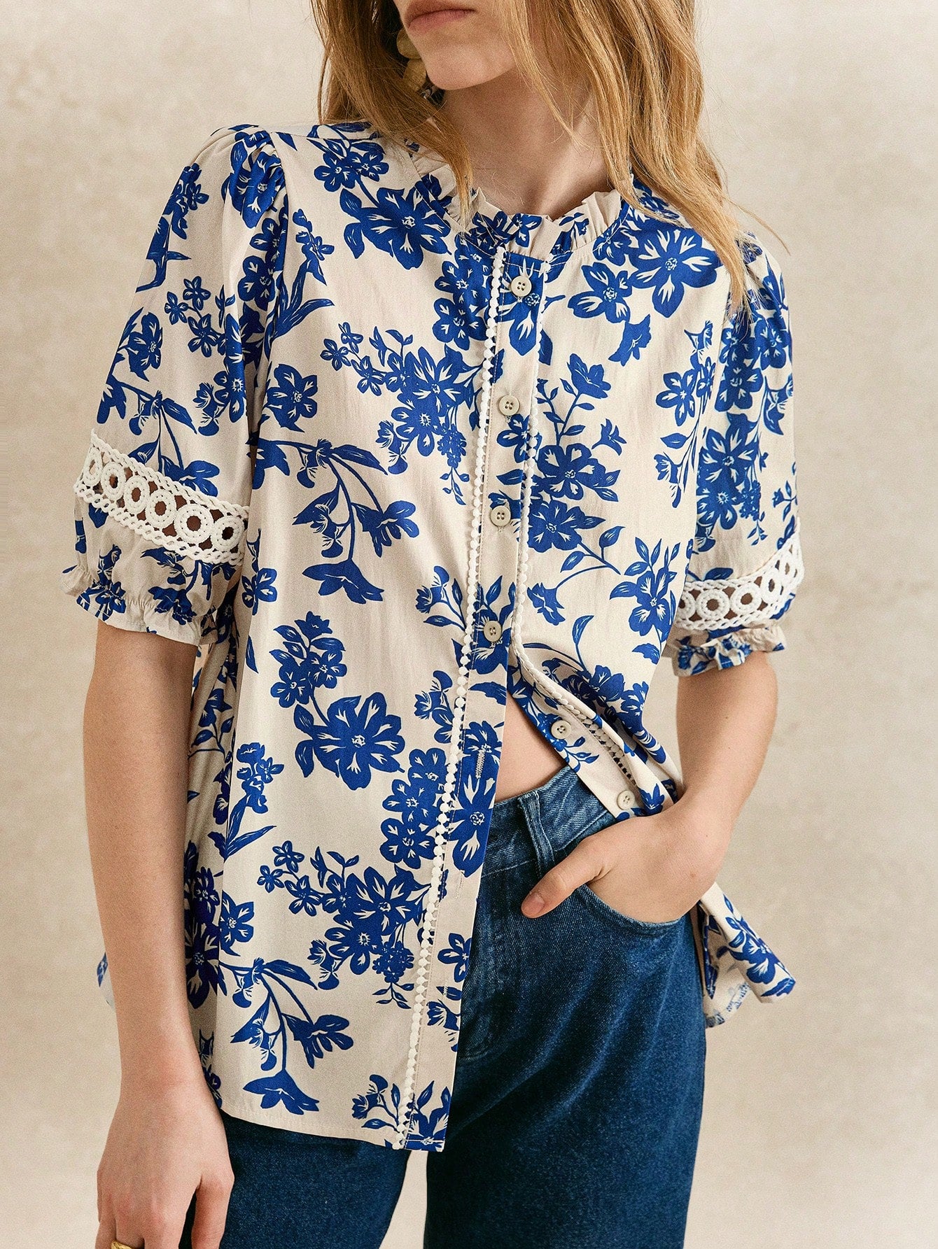 Shein Écloséra Women Hollow Floral Print Short Sleeve Blouse