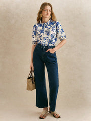 Hollow Floral Print Short Sleeve Blouse