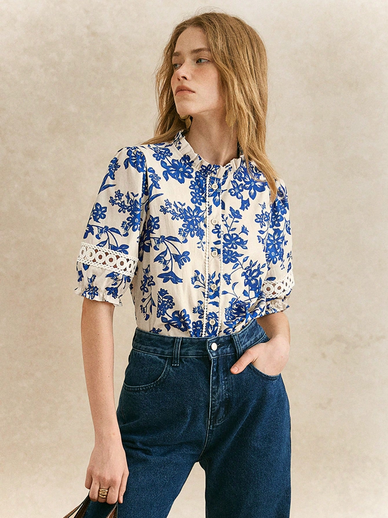 Shein Écloséra Women Hollow Floral Print Short Sleeve Blouse