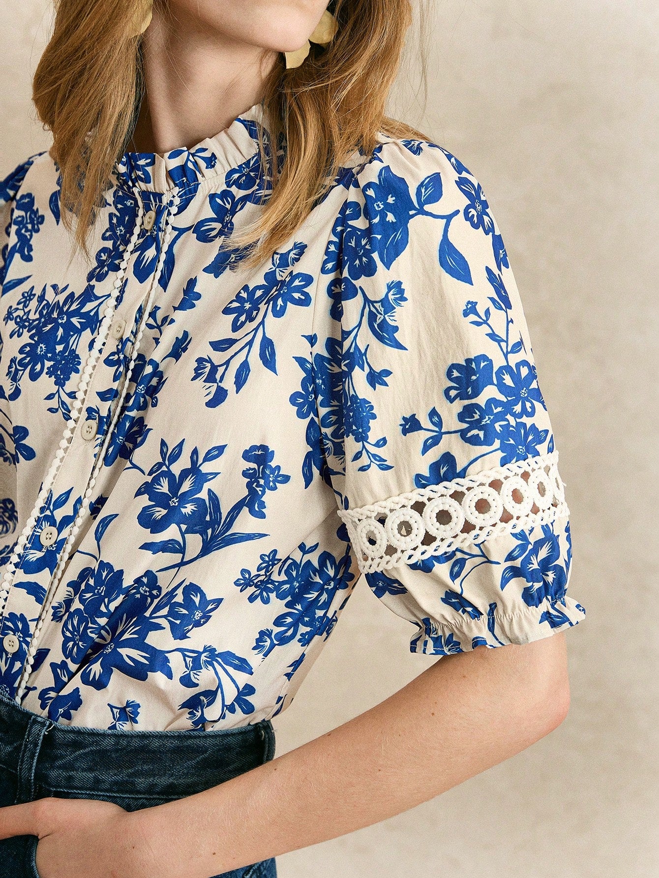 Shein Écloséra Women Hollow Floral Print Short Sleeve Blouse