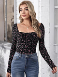 Shein Tie Front Ruched Bust Ditsy Floral Top